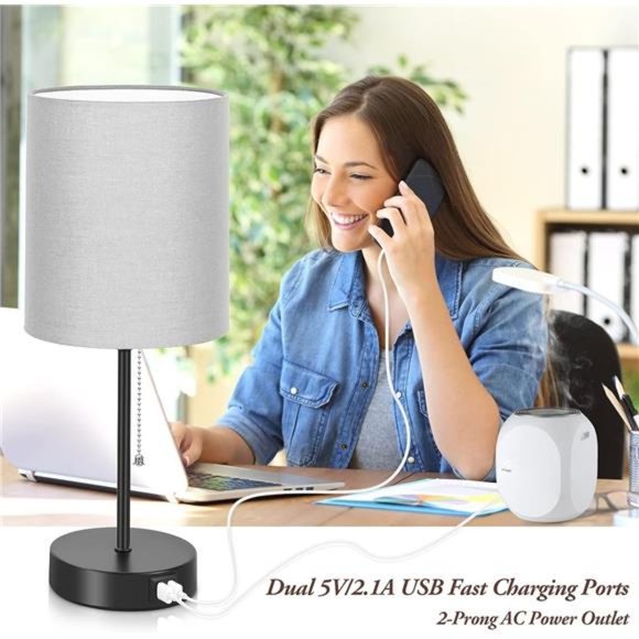 Table Lamps with USB Charging Ports, Grey for Bedside AC Outlet, Nightstand - Picture 2 of 5